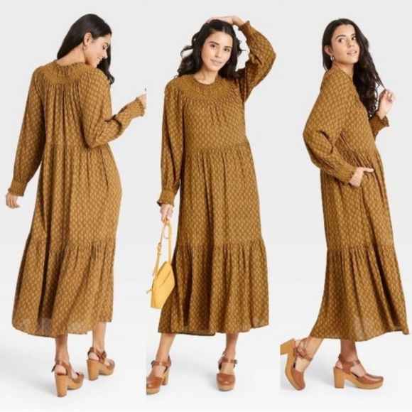 Universal Thread Warm Golden Brown Smocked Balloon Sleeve Tiered Midi Maxi Dress - Picture 9 of 10